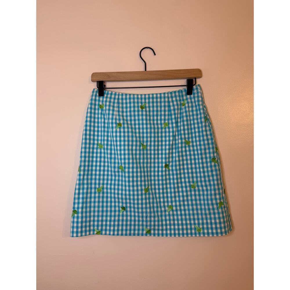 VTG Lilly Pulitzer Blue Gingham Lined Mini Skirt Green Embroidered Ice Cream 4